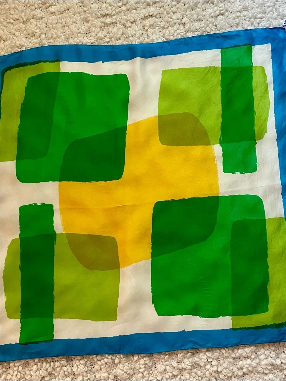Vintage Silk Rayon Scarf 26” Square Abstract Geometric Green Blue Yellow